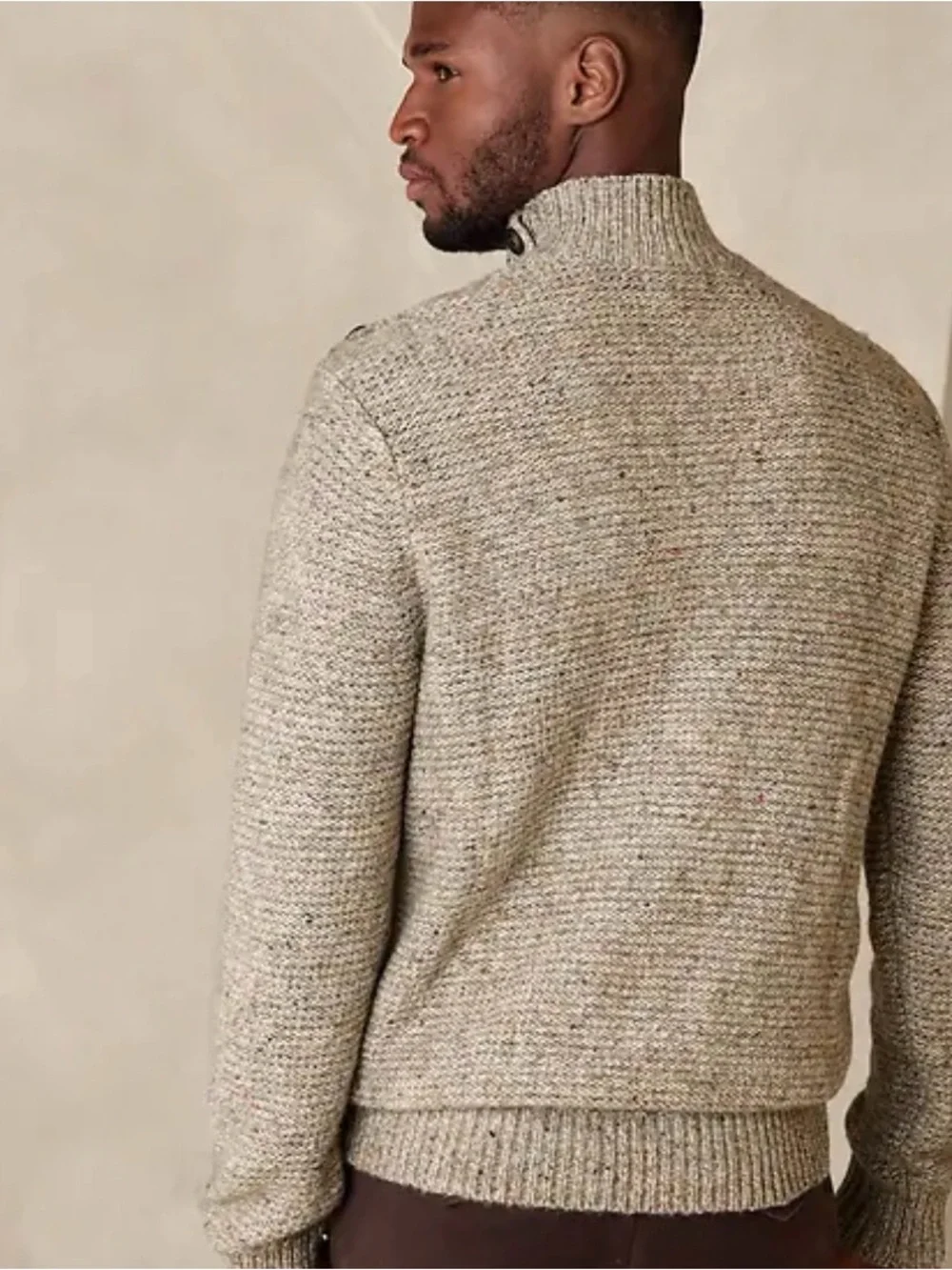 NWT Banana Republic Tweed Mock Neck Shoulder Button Sweater Large Beige Fleck